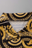 Yellow Casual Print Patchwork Buckle Turndown Collar Long Sleeve Two Pieces