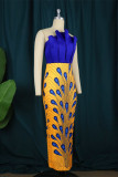 Blue Sexy Formal Print Patchwork Backless Strapless Evening Dress Dresses