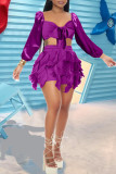 Purple Sexy Solid Tassel Bandage Patchwork Long Sleeve Two Pieces