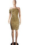 Apricot Sexy Solid Sequins Patchwork Asymmetrical Off the Shoulder Pencil Skirt Dresses
