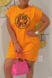 Yellow Casual Print Patchwork O Neck Straight Dresses