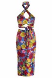 Pink Fashion Street Print Patchwork Halter Sleeveless Two Pieces