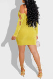 Yellow Sexy Solid Hollowed Out Patchwork Spaghetti Strap Pencil Skirt Dresses