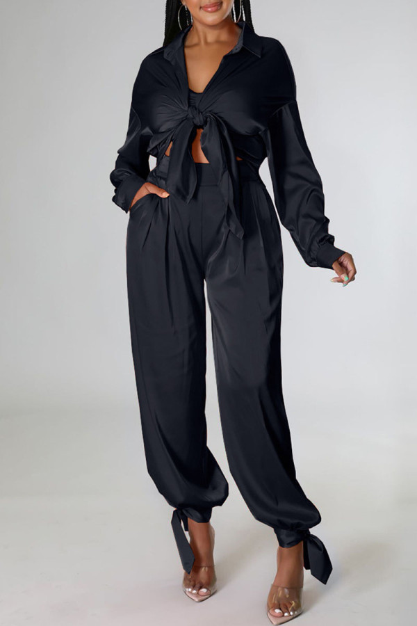 Black Casual Solid Patchwork Buckle Turndown Collar Long Sleeve Two Pieces