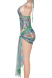 Green Sexy Print Patchwork Spaghetti Strap Sleeveless Two Pieces