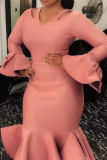 Pink Fashion Sexy Solid Hollowed Out V Neck Long Sleeve Dresses