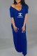 Deep Blue Fashion Casual Print Letter V Neck One Step Skirt Dresses
