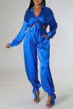 Blue Casual Solid Patchwork Buckle Turndown Collar Long Sleeve Two Pieces