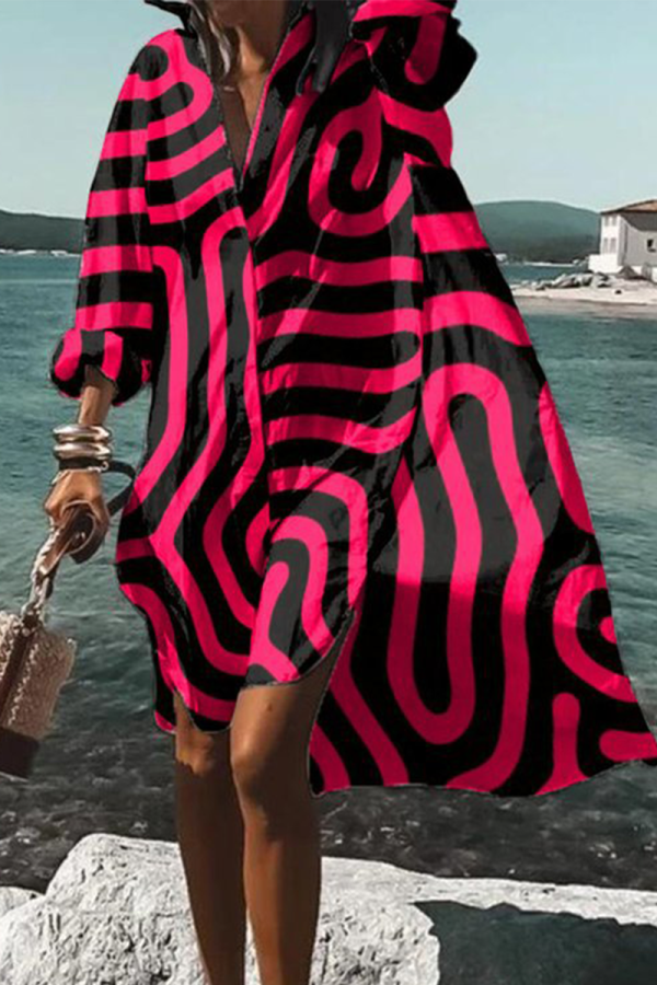 Red Fashion Print Patchwork Turndown Collar Shirt Dress Dresses
