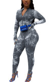 Grey Fashion Sexy Print Tie-dyed Long Sleeve O Neck Jumpsuits