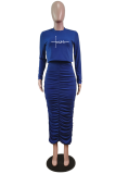 Blue Fashion Print Patchwork O Neck Long Sleeve Two Pieces