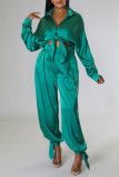 Blue Casual Solid Patchwork Buckle Turndown Collar Long Sleeve Two Pieces