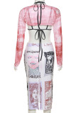White Pink Sexy Print Patchwork Long Sleeve Two Pieces
