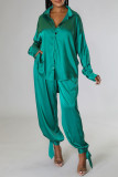 Blue Casual Solid Patchwork Buckle Turndown Collar Long Sleeve Two Pieces