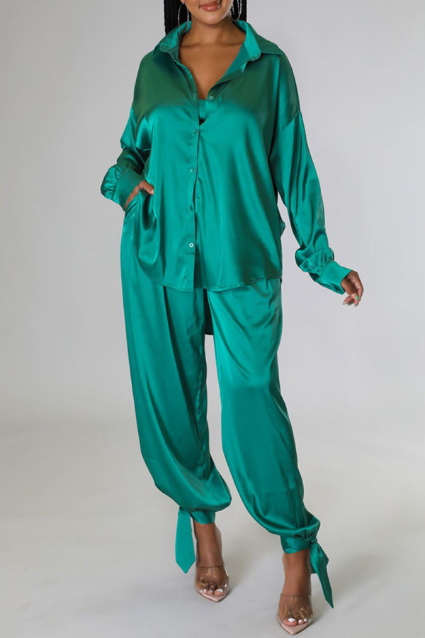 Green Casual Solid Patchwork Buckle Turndown Collar Long Sleeve Two Pieces