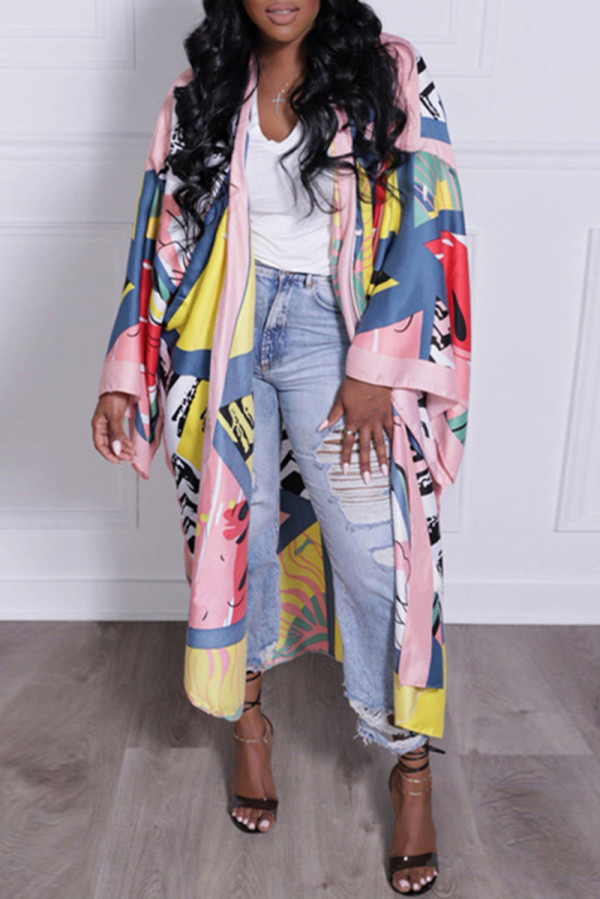 Pink Fashion Casual Sweet Print Patchwork Cardigan Outerwear