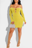 Yellow Sexy Solid Hollowed Out Patchwork Spaghetti Strap Pencil Skirt Dresses