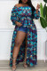 Blue Fashion Casual Print Bandage Patchwork Slit Off the Shoulder Long Sleeve Plus Size Dresses