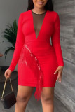 Red Sexy Solid Tassel Patchwork O Neck One Step Skirt Dresses