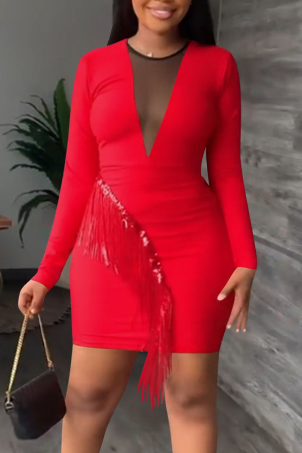 Red Sexy Solid Tassel Patchwork O Neck One Step Skirt Dresses