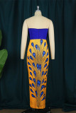 Blue Sexy Formal Print Patchwork Backless Strapless Evening Dress Dresses