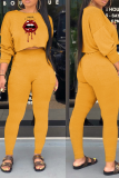 Yellow Fashion Lips Printed Patchwork O Neck Long Sleeve Two Pieces