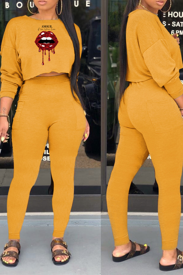 Yellow Fashion Lips Printed Patchwork O Neck Long Sleeve Two Pieces