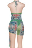 Green Sexy Print Patchwork Spaghetti Strap Sleeveless Two Pieces