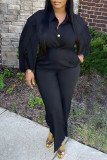 Blue Casual Solid Patchwork Buttons Turndown Collar Straight Jumpsuits