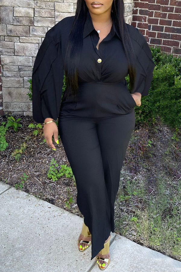 Black Casual Solid Patchwork Buttons Turndown Collar Straight Jumpsuits