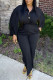 Black Casual Solid Patchwork Buttons Turndown Collar Straight Jumpsuits