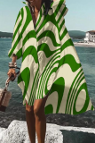 Green Fashion Print Patchwork Turndown Collar Shirt Dress Dresses