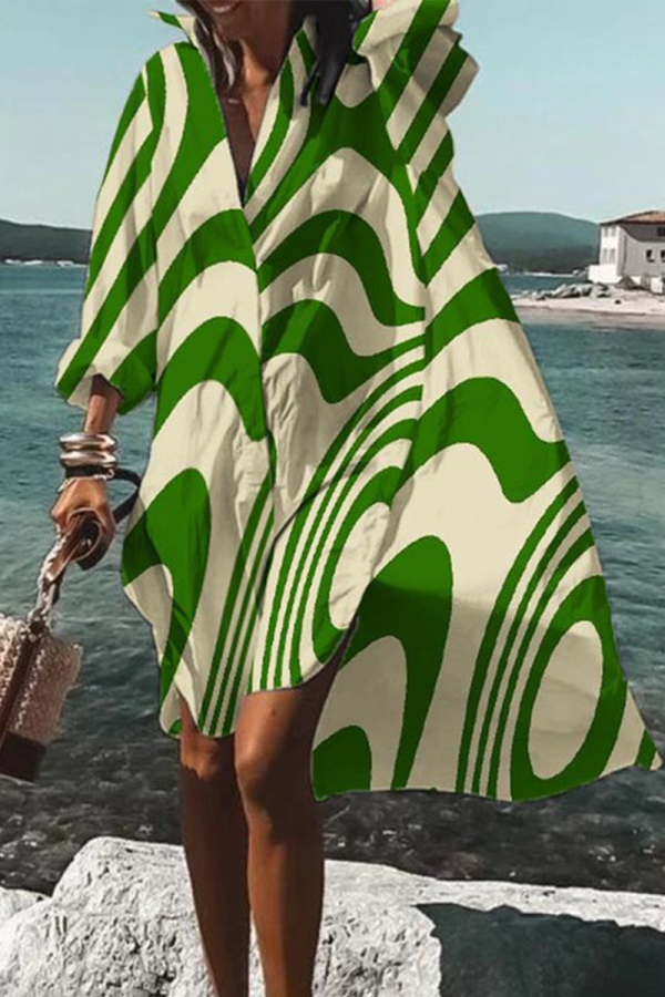 Green Fashion Print Patchwork Turndown Collar Shirt Dress Dresses