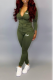 Army Green Fashion Print Patchwork Turndown Collar Long Sleeve Two Pieces