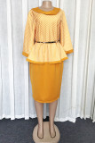 Yellow Fashion Casual Striped Print Patchwork O Neck Plus Size Two Pieces