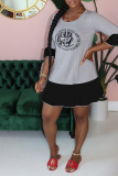Grey Casual Print Patchwork O Neck Cake Skirt Dresses