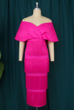 Rose Red Fashion Sexy Solid Tassel Patchwork Backless Off the Shoulder Evening Dress