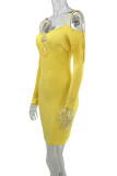 Yellow Sexy Solid Hollowed Out Patchwork Spaghetti Strap Pencil Skirt Dresses