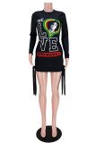 Black Street Letter Bandage O Neck Dresses
