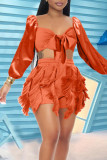 Purple Sexy Solid Tassel Bandage Patchwork Long Sleeve Two Pieces