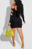 Yellow Sexy Solid Hollowed Out Patchwork Spaghetti Strap Pencil Skirt Dresses