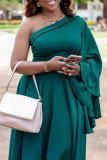 Green Fashion Casual Solid Patchwork Backless Oblique Collar A Line Dresses