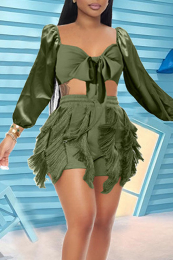 Ink Green Sexy Solid Tassel Bandage Patchwork Long Sleeve Two Pieces