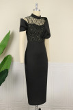 White Fashion Sexy Formal Patchwork See-through Mandarin Collar Evening Dress