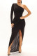 Black Fashion Sexy Solid Patchwork Slit Oblique Collar Long Sleeve Dresses