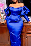 Blue Fashion Sexy Formal Solid Patchwork Backless Off the Shoulder Evening Dress