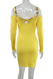 Yellow Sexy Solid Hollowed Out Patchwork Spaghetti Strap Pencil Skirt Dresses