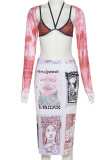 White Pink Sexy Print Patchwork Long Sleeve Two Pieces