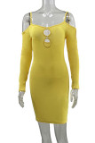 Yellow Sexy Solid Hollowed Out Patchwork Spaghetti Strap Pencil Skirt Dresses