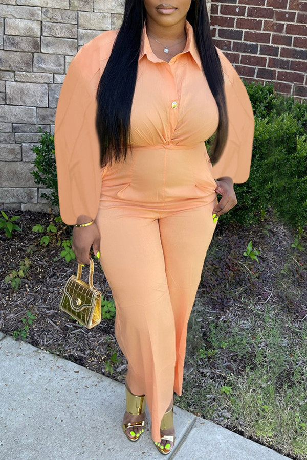 Orange Apricot Casual Solid Patchwork Buttons Turndown Collar Straight Jumpsuits